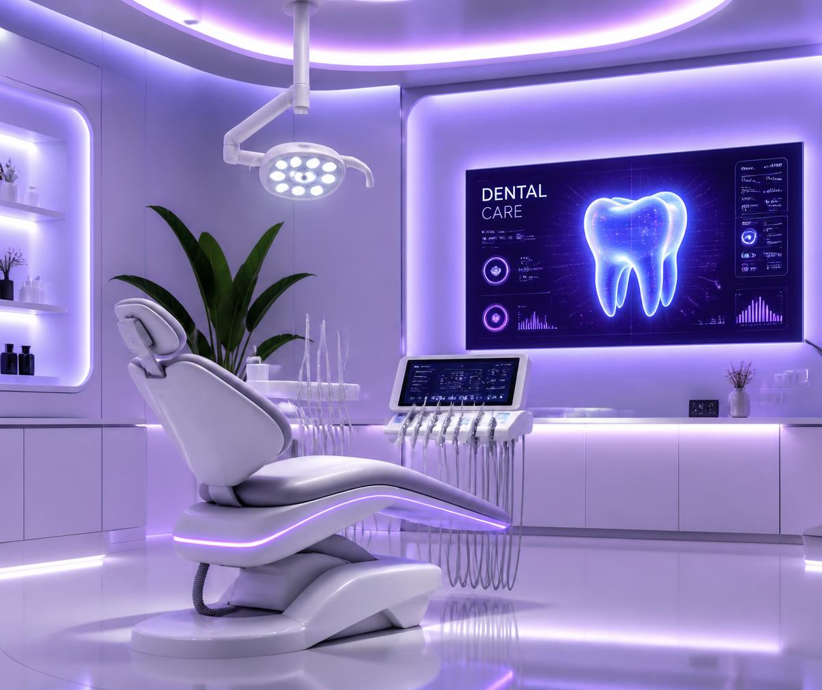 Modern dental treatment room with AI diagnostic display